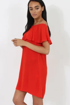 Rebellious Fashion Red Bardot Frill Dress - Ophelia