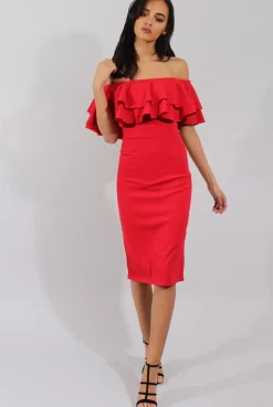 Rebellious Fashion Red Bardot Frill Dress - Serena