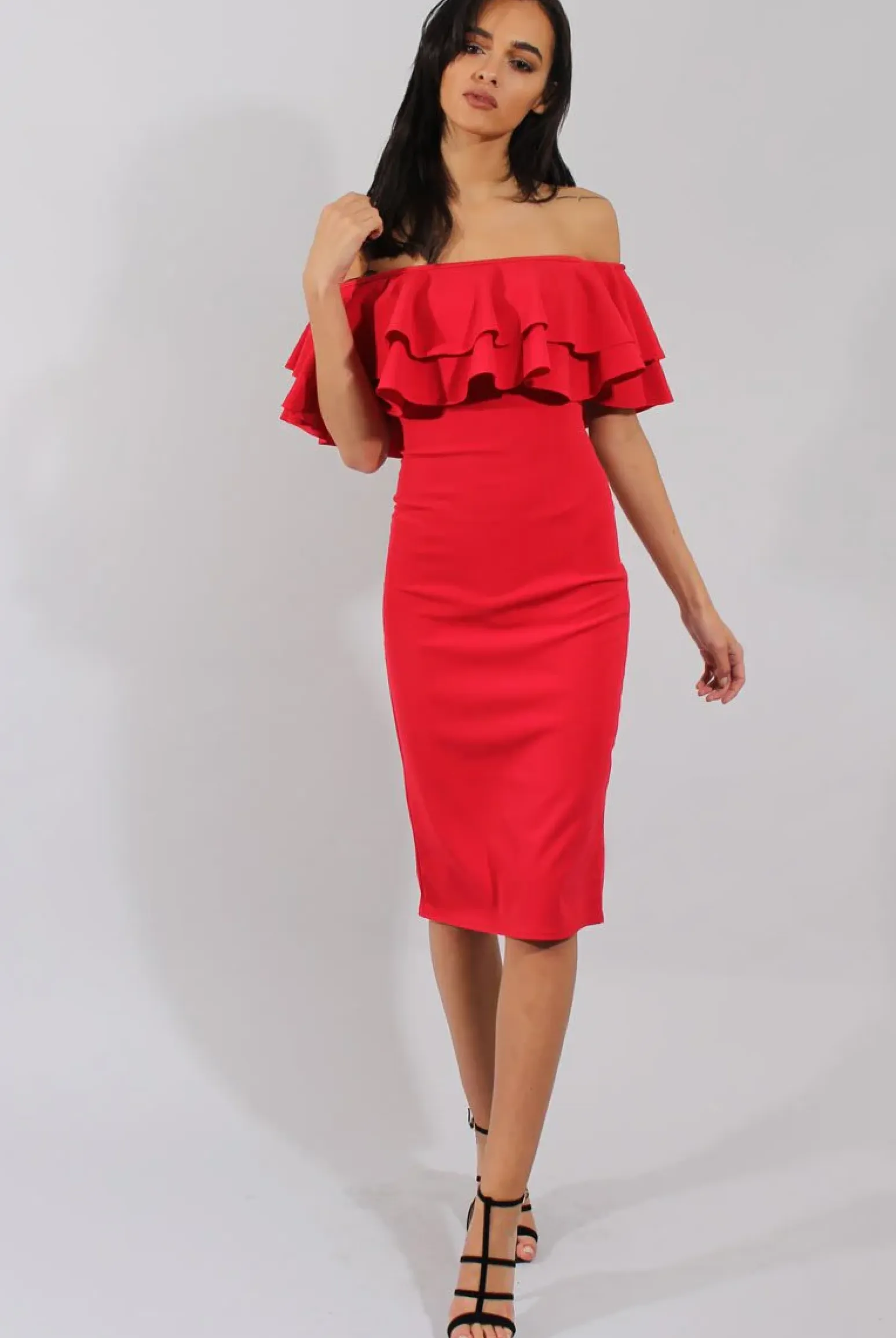 Rebellious Fashion Red Bardot Frill Dress - Serena