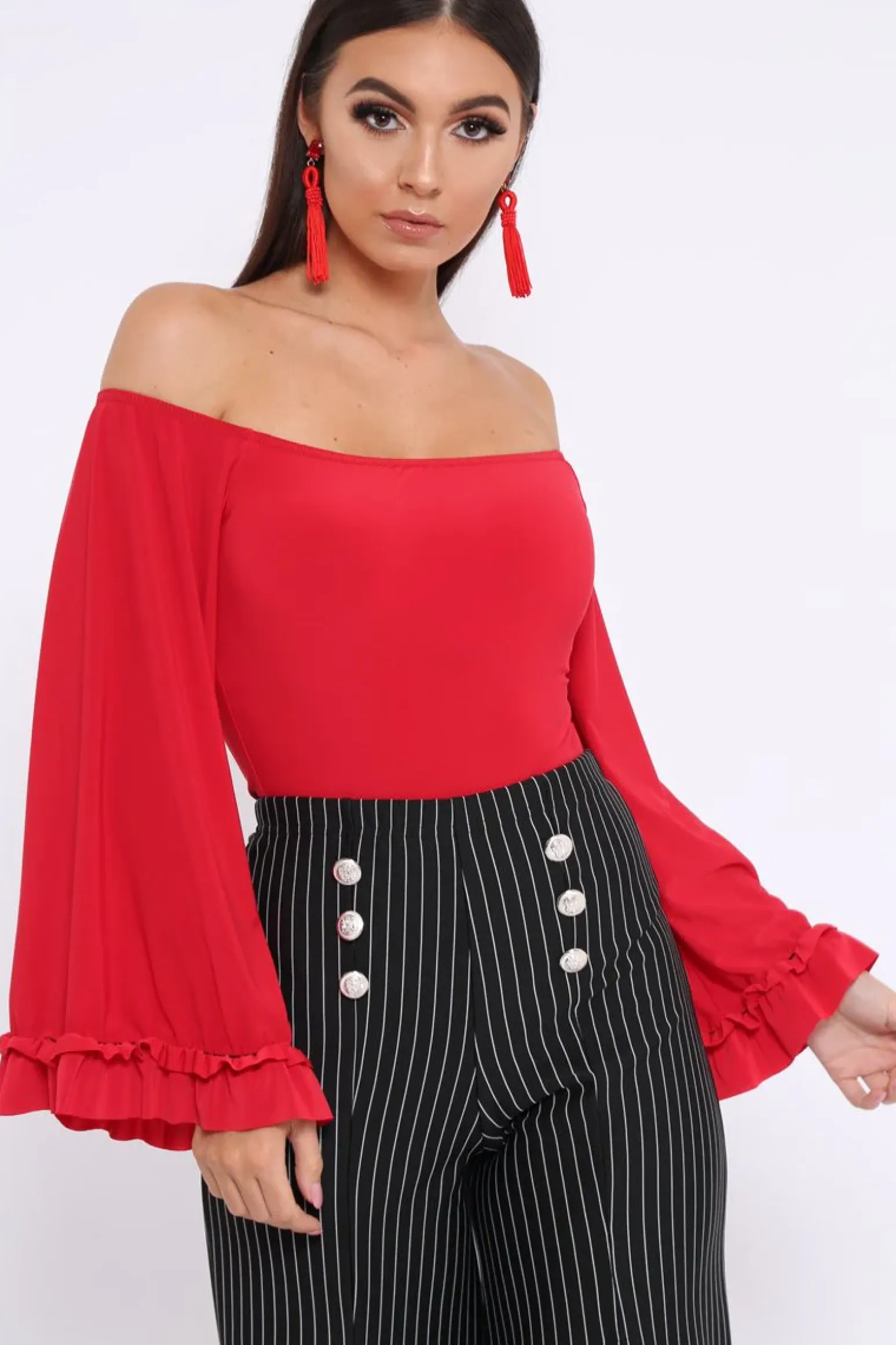 Rebellious Fashion Red Bardot Frill Flare Sleeve Bodysuit - Sofiya