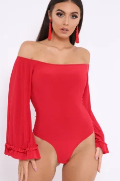 Rebellious Fashion Red Bardot Frill Flare Sleeve Bodysuit - Sofiya