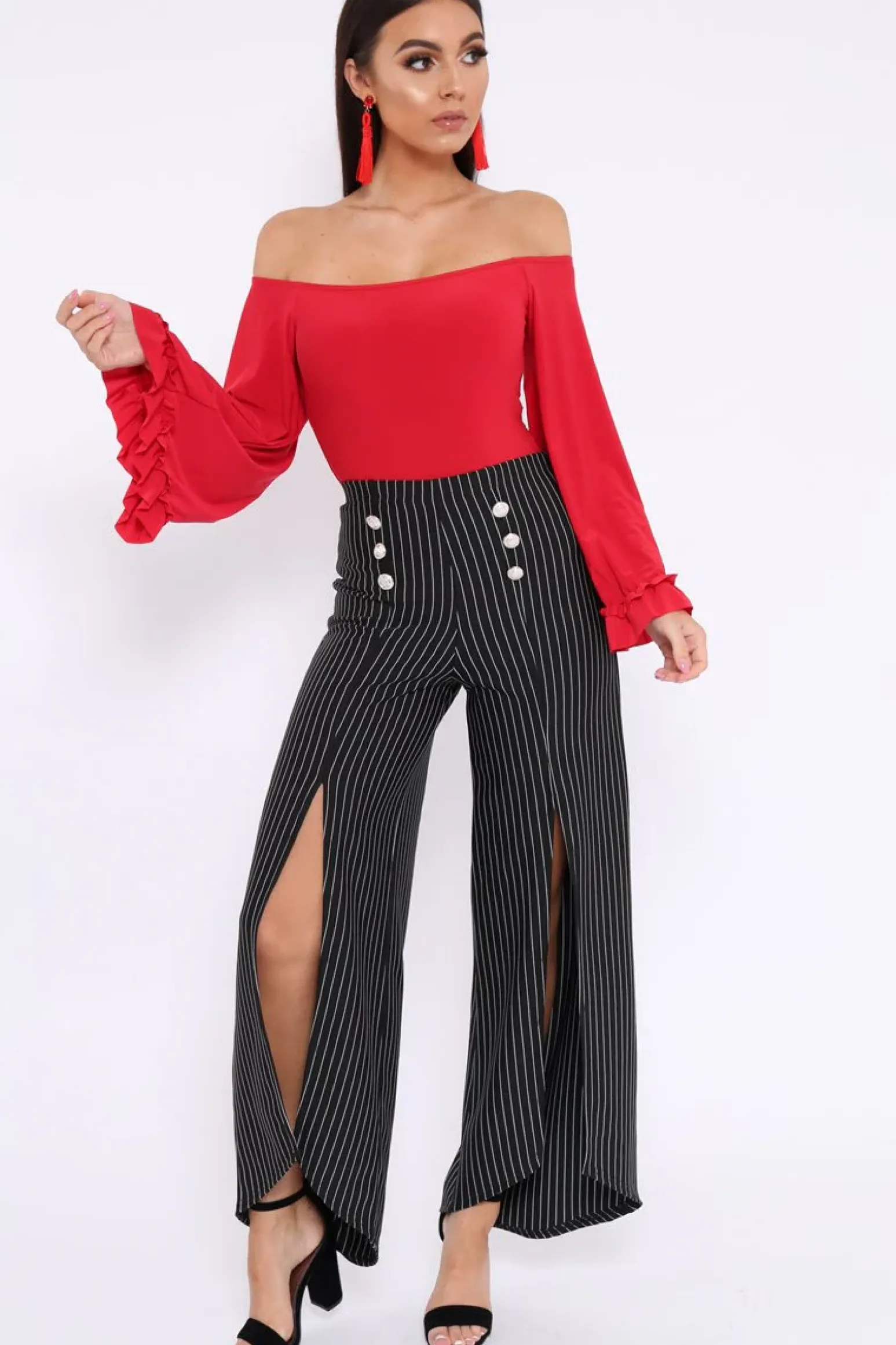 Rebellious Fashion Red Bardot Frill Flare Sleeve Bodysuit - Sofiya