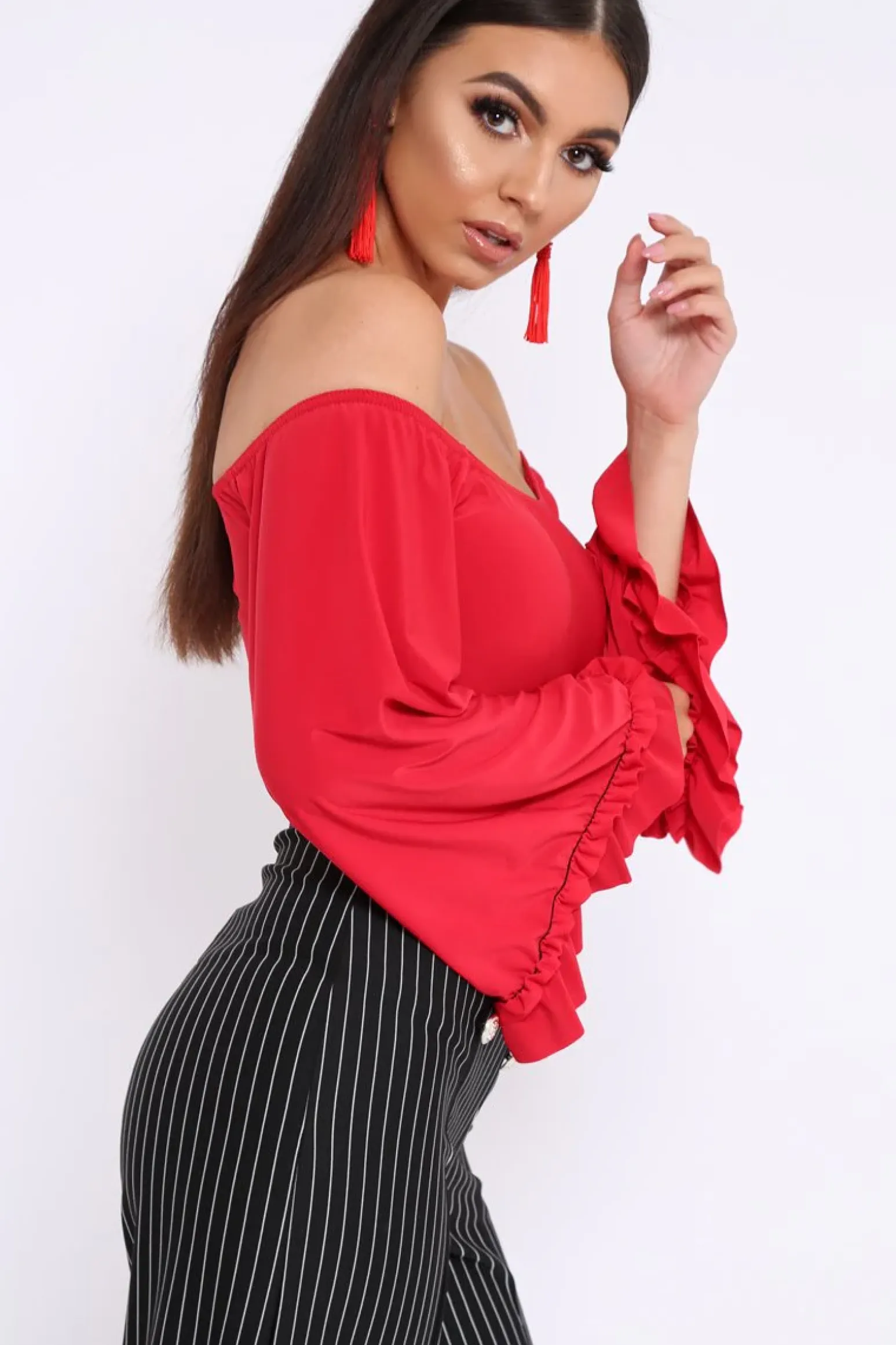 Rebellious Fashion Red Bardot Frill Flare Sleeve Bodysuit - Sofiya