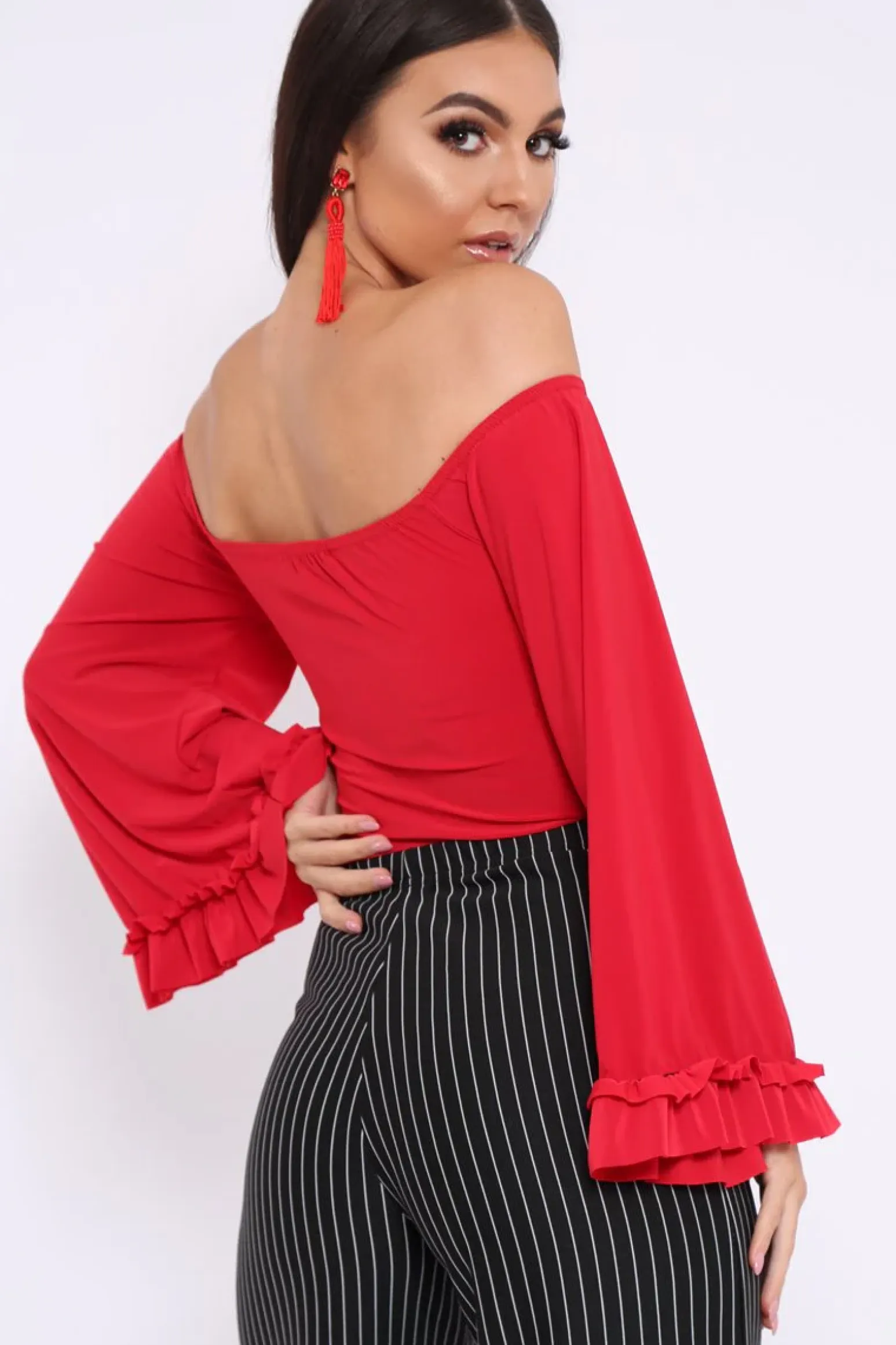 Rebellious Fashion Red Bardot Frill Flare Sleeve Bodysuit - Sofiya
