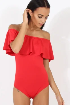 Rebellious Fashion Red Bardot Frill Layer Bodysuit - Olga