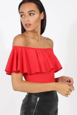 Rebellious Fashion Red Bardot Frill Layer Bodysuit - Olga