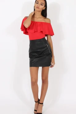 Rebellious Fashion Red Bardot Frill Layer Bodysuit - Olga