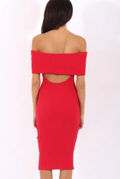 Rebellious Fashion Red Bardot Frill Open Back Midi Dress - Trish