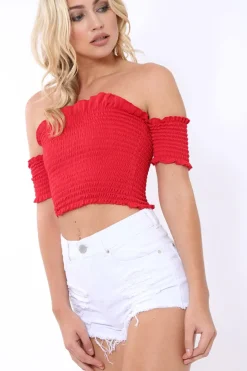 Rebellious Fashion Red Bardot Frill Shirred Crop Top - Kailah