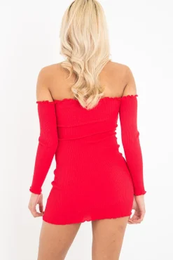 Rebellious Fashion Red Bardot Lettuce Hem Rib Knit Mini Dress - Keysha