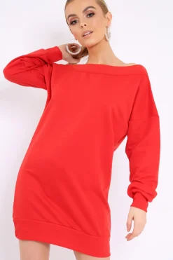 Rebellious Fashion Red Bardot Sweater Dress - Ariel