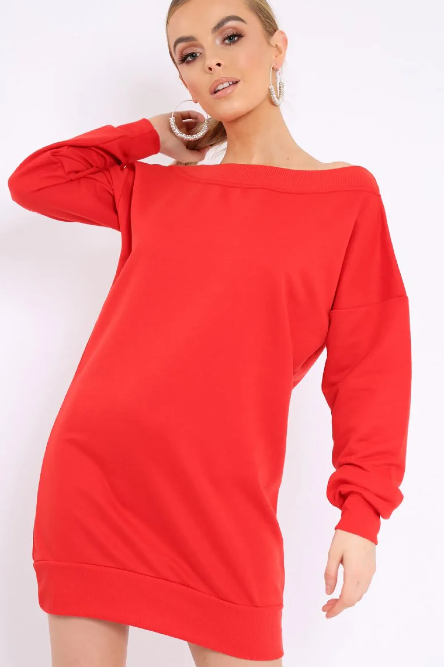 Rebellious Fashion Red Bardot Sweater Dress - Ariel