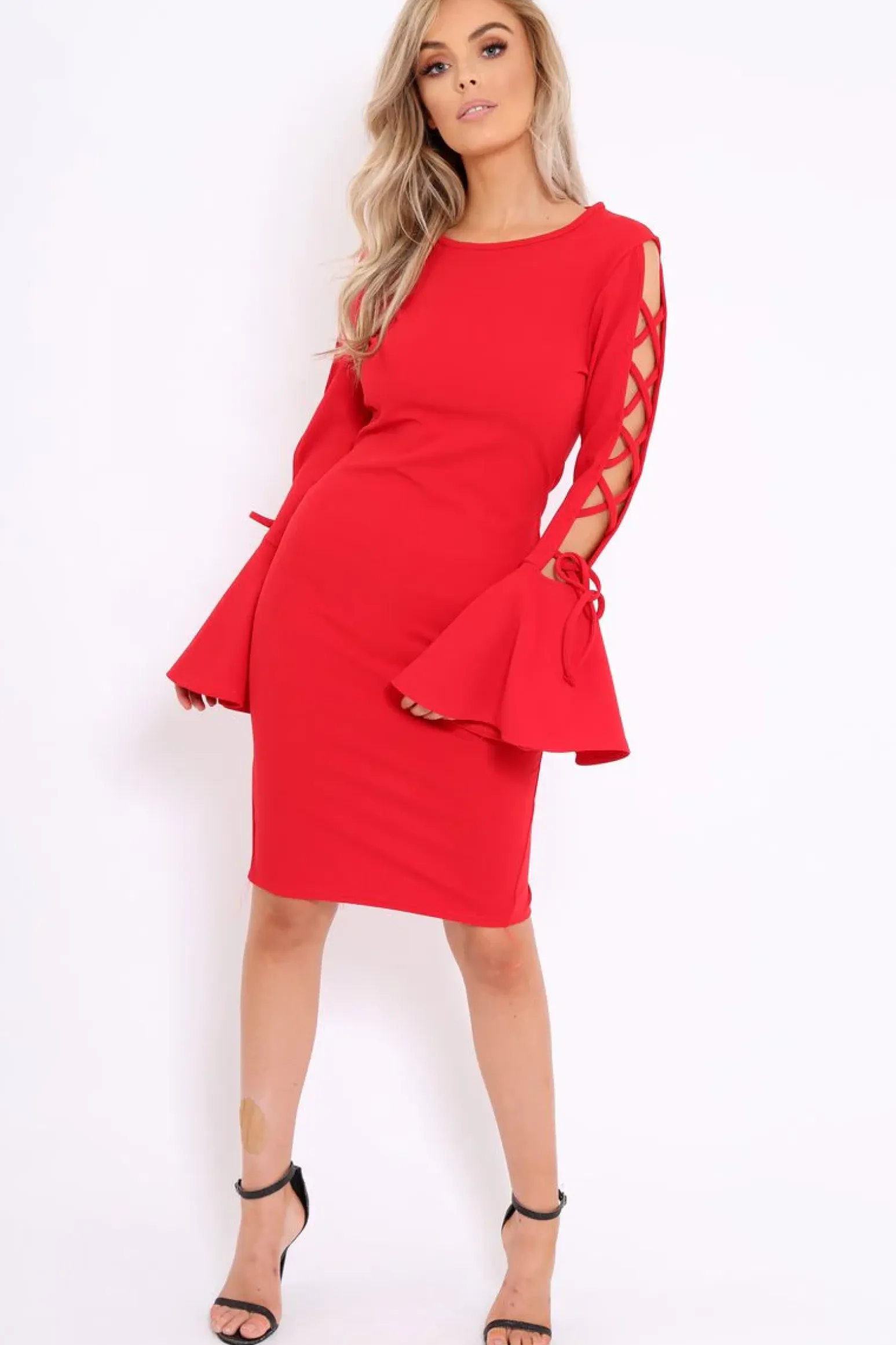Rebellious Fashion Red Bell Sleeved Dress with Lace up Detail - Faith