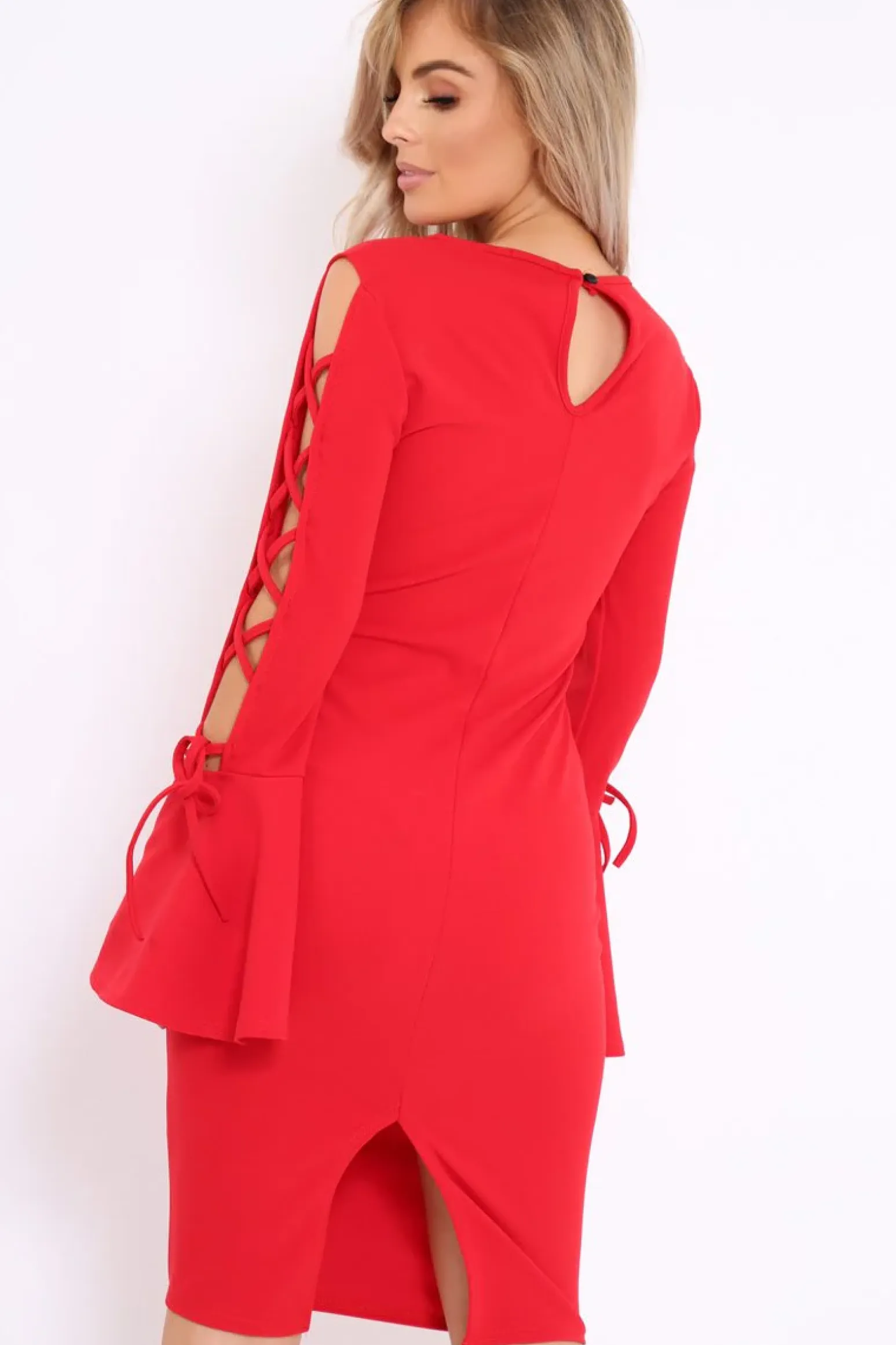 Rebellious Fashion Red Bell Sleeved Dress with Lace up Detail - Faith