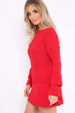 Rebellious Fashion Red Bell Sleeve Extreme Hem Chunky Knit Jumper Dress - Paige