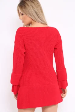 Rebellious Fashion Red Bell Sleeve Extreme Hem Chunky Knit Jumper Dress - Paige