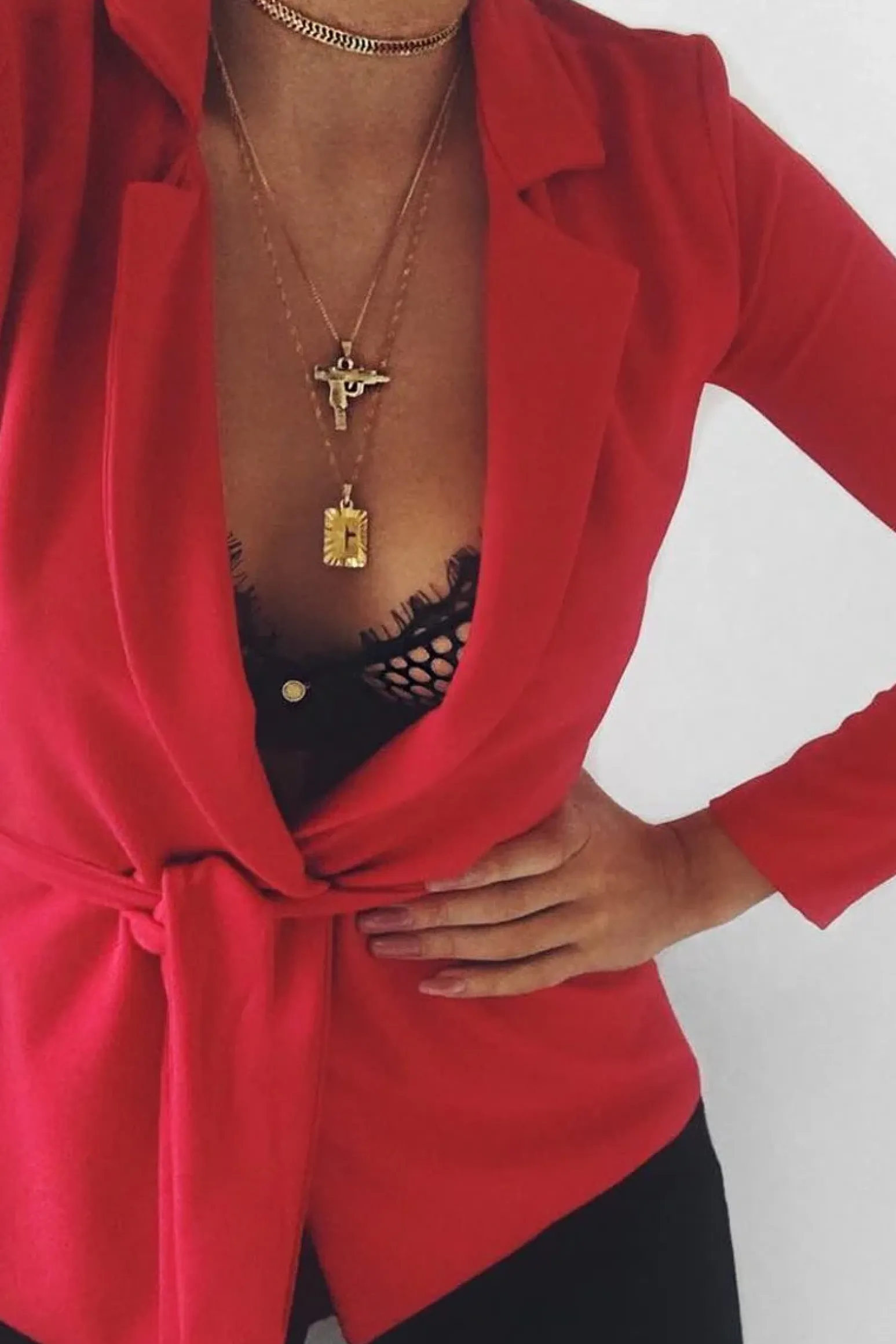 Rebellious Fashion Red Belted Blazer - Kenna