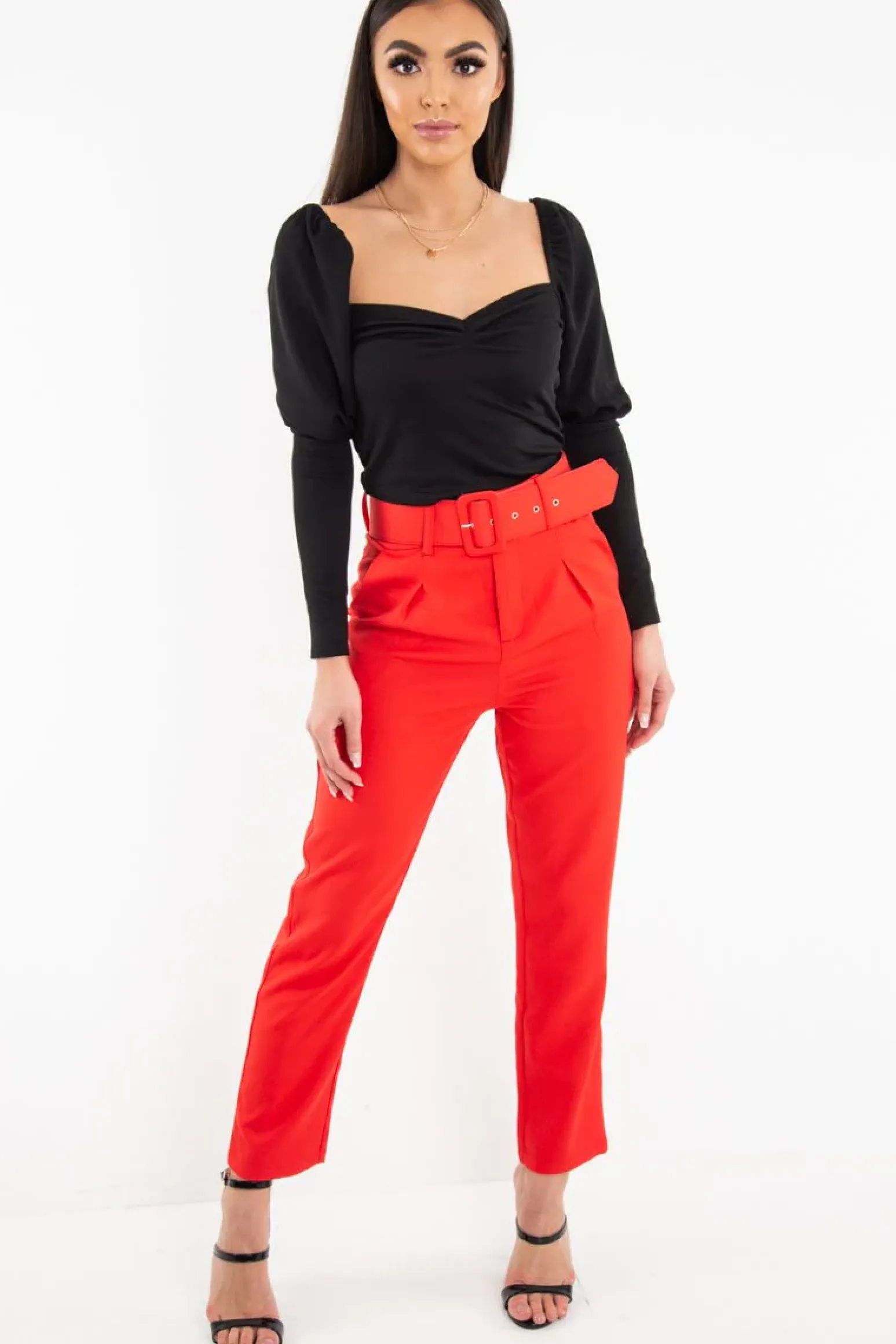 Rebellious Fashion Red Belted Tapered Peg Trousers - Jessika