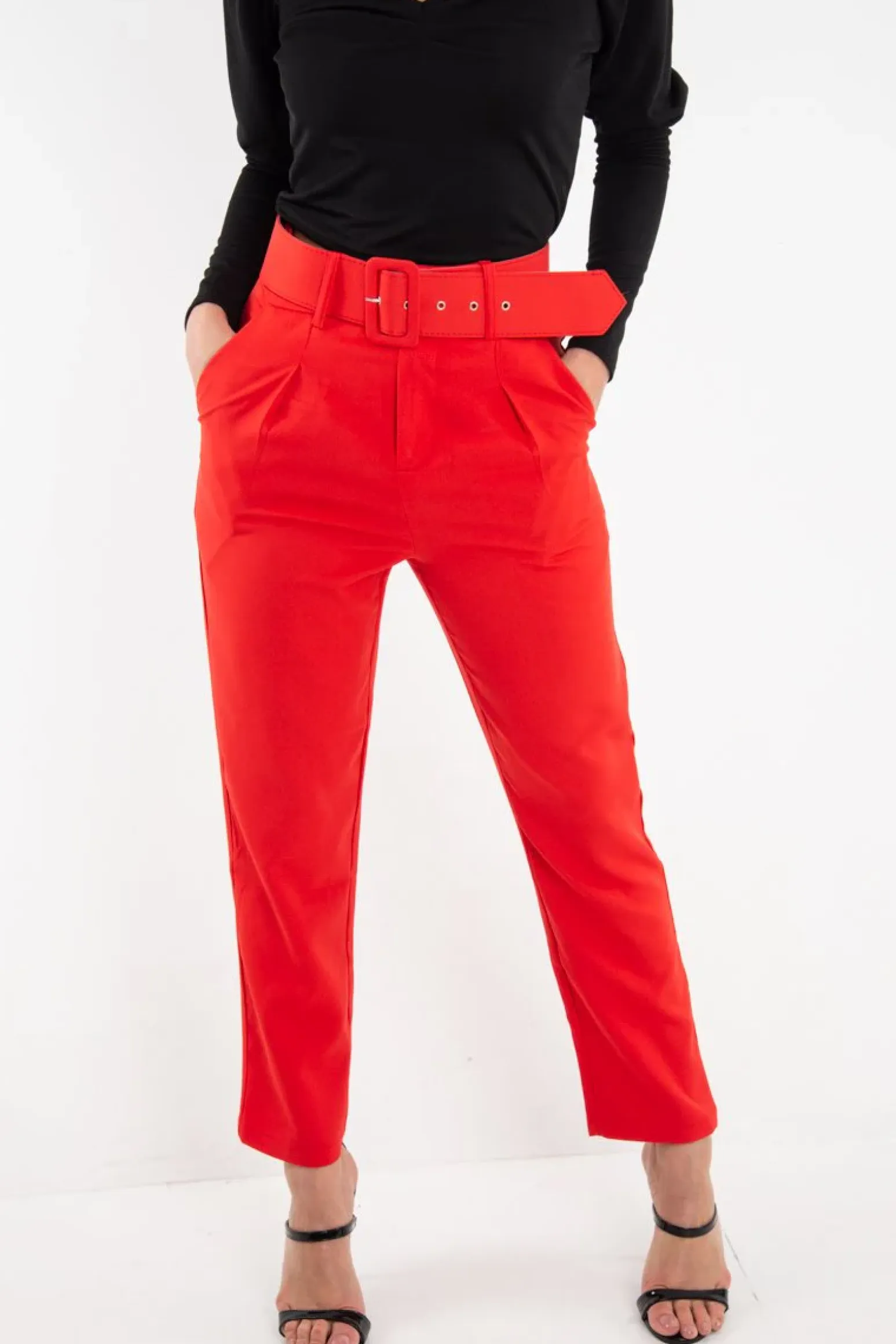 Rebellious Fashion Red Belted Tapered Peg Trousers - Jessika