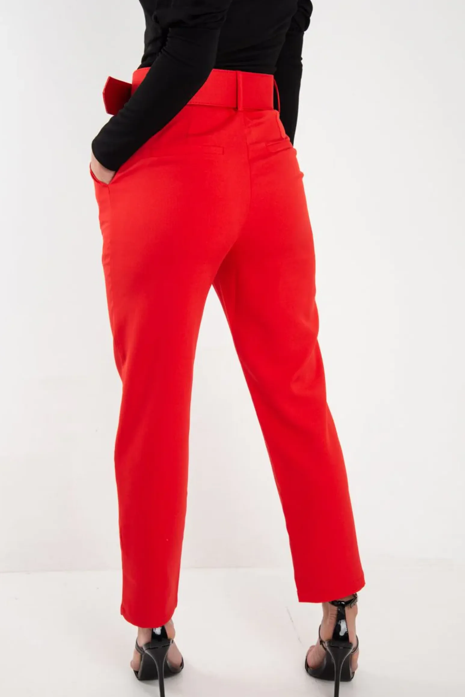 Rebellious Fashion Red Belted Tapered Peg Trousers - Jessika