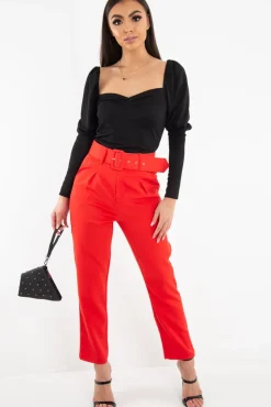 Rebellious Fashion Red Belted Tapered Peg Trousers - Jessika