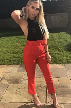 Rebellious Fashion Red Belted Tapered Peg Trousers - Jessika