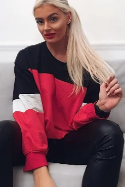 Rebellious Fashion Red Black And Grey Elasticated Cropped Jumper - Dani