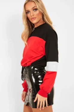 Rebellious Fashion Red Black And Grey Elasticated Cropped Jumper - Dani