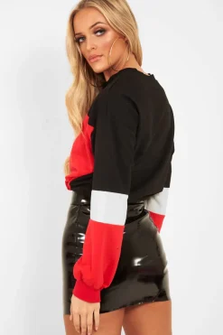 Rebellious Fashion Red Black And Grey Elasticated Cropped Jumper - Dani