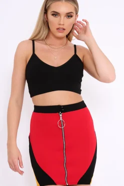 Rebellious Fashion Red Black And Mustard Colour Block Zip Front Mini Skirt and Bralet Co-ord - Kacey