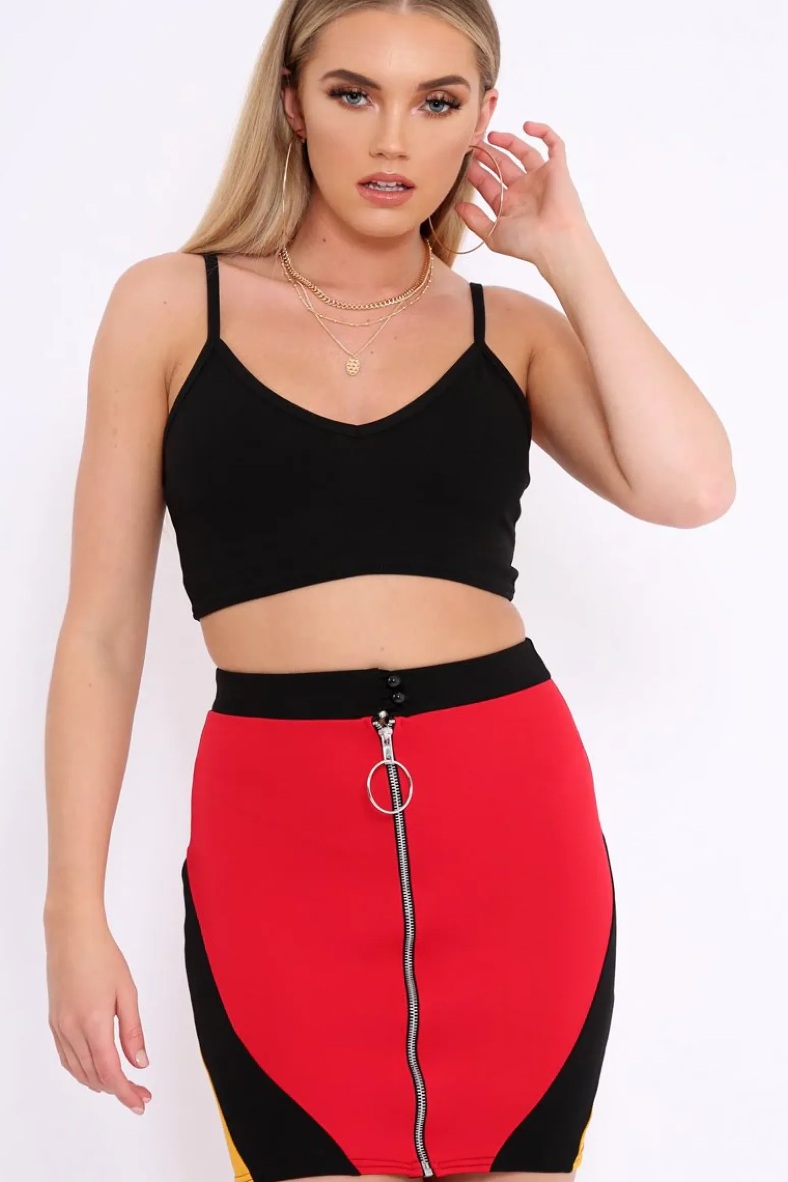 Rebellious Fashion Red Black And Mustard Colour Block Zip Front Mini Skirt and Bralet Co-ord - Kacey