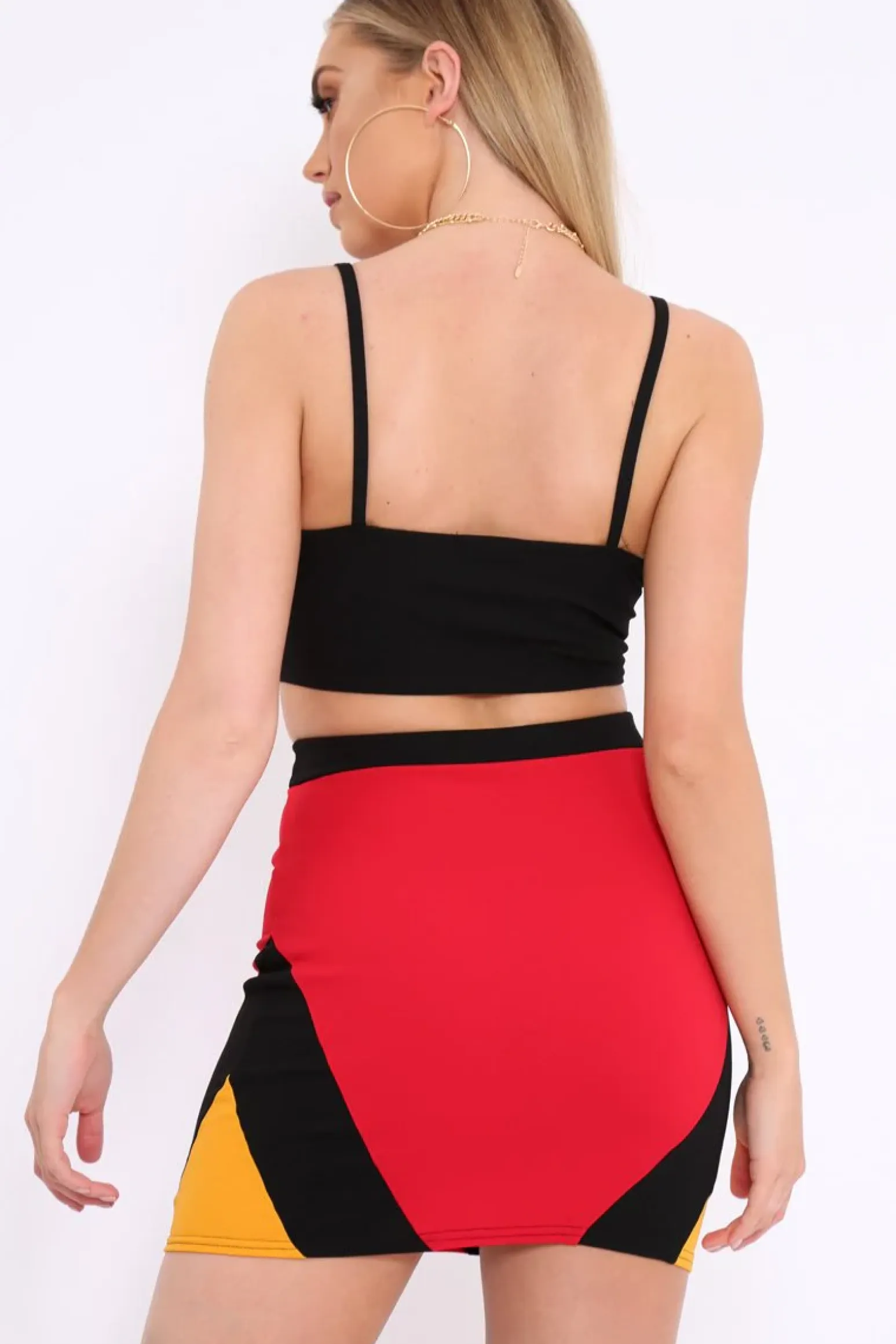 Rebellious Fashion Red Black And Mustard Colour Block Zip Front Mini Skirt and Bralet Co-ord - Kacey