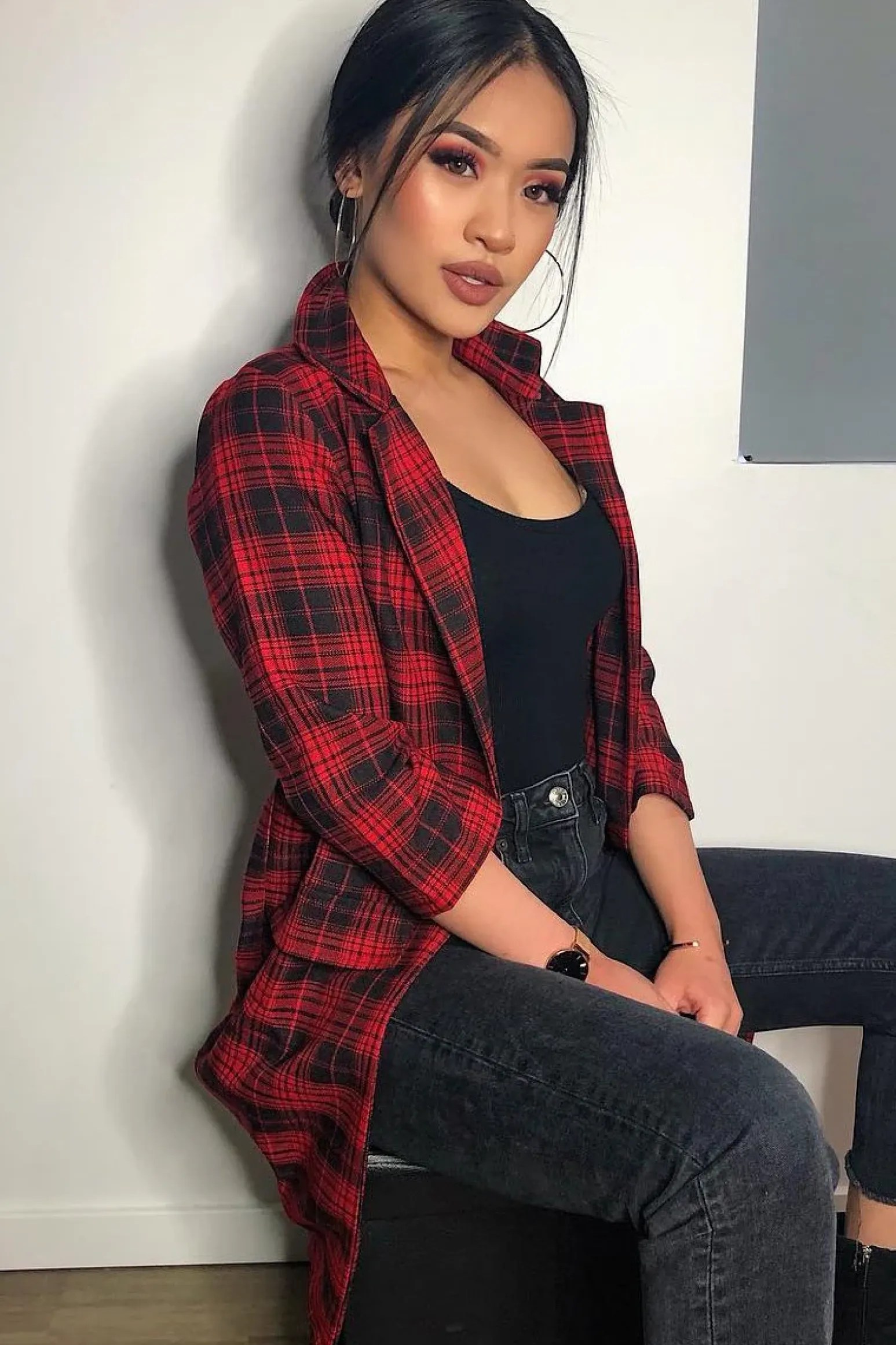 Rebellious Fashion Red Black Check Longline Blazer - Wrenn