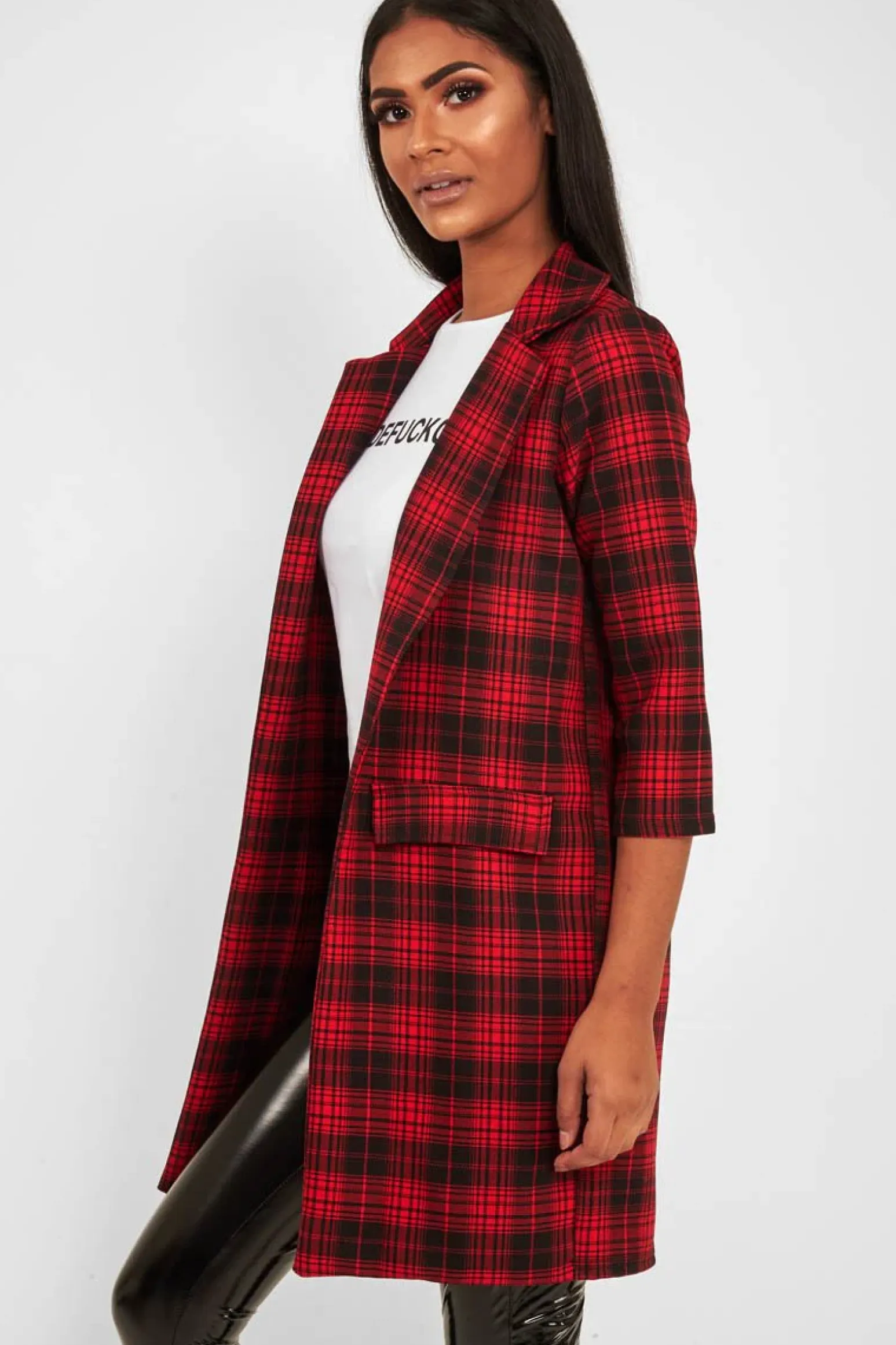 Rebellious Fashion Red Black Check Longline Blazer - Wrenn