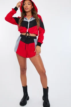 Rebellious Fashion Red Black Shell Hooded Jacket & Shorts - Jettie