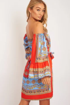 Rebellious Fashion Red Blue Bardot Belted Scarf Print Dress - Kessa