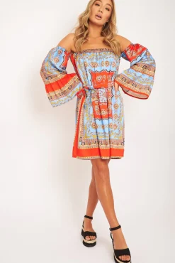 Rebellious Fashion Red Blue Bardot Belted Scarf Print Dress - Kessa