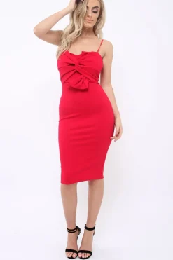 Rebellious Fashion Red Bow Front Bodycon Midi Dress - Latisha