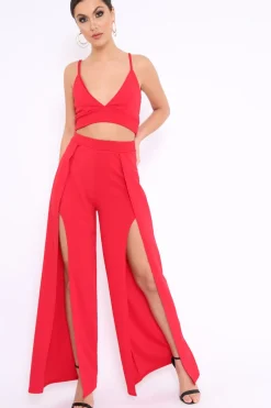 Rebellious Fashion Red Bralet and Split Front Wide Trousers Co-ord - Alesana