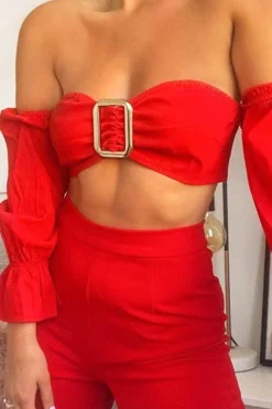 Rebellious Fashion Red Buckle Front Extreme Bardot Crop Top - Theora
