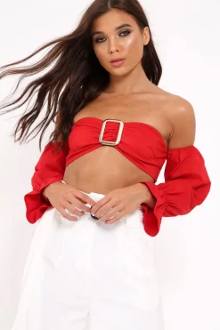 Rebellious Fashion Red Buckle Front Extreme Bardot Crop Top - Theora