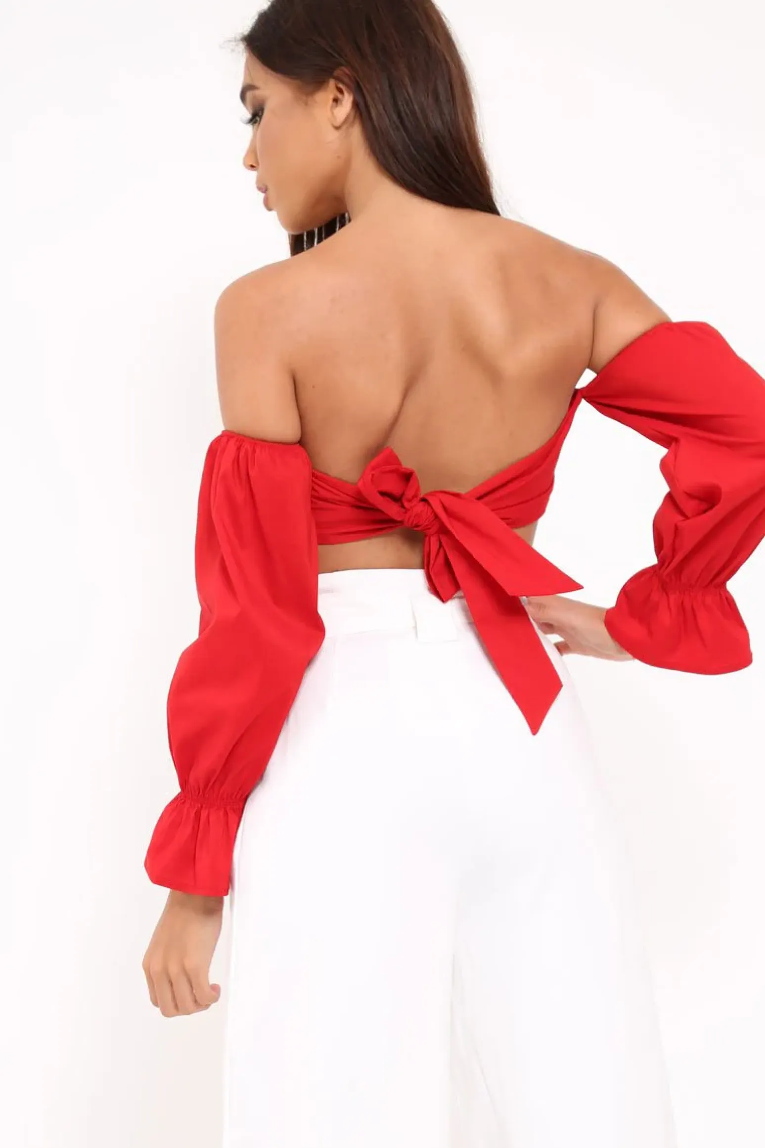 Rebellious Fashion Red Buckle Front Extreme Bardot Crop Top - Theora
