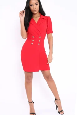 Rebellious Fashion Red Button Detail Plunge Wrap Blazer Dress - Aizah