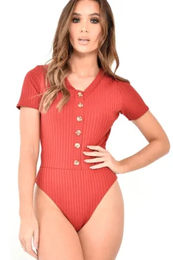 Rebellious Fashion Red Button Front Short Sleeved Bodysuit - Danai