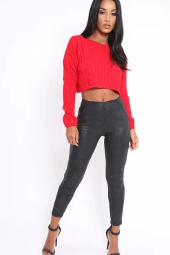 Rebellious Fashion Red Cable Knit Cropped Jumper - Georgie