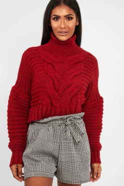 Rebellious Fashion Red Cable Knit Sleeve Detail Jumper - Miyonna