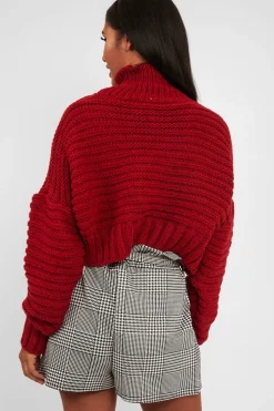 Rebellious Fashion Red Cable Knit Sleeve Detail Jumper - Miyonna