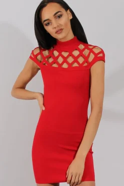Rebellious Fashion Red Cage High Neck Bodycon Dress- Kade