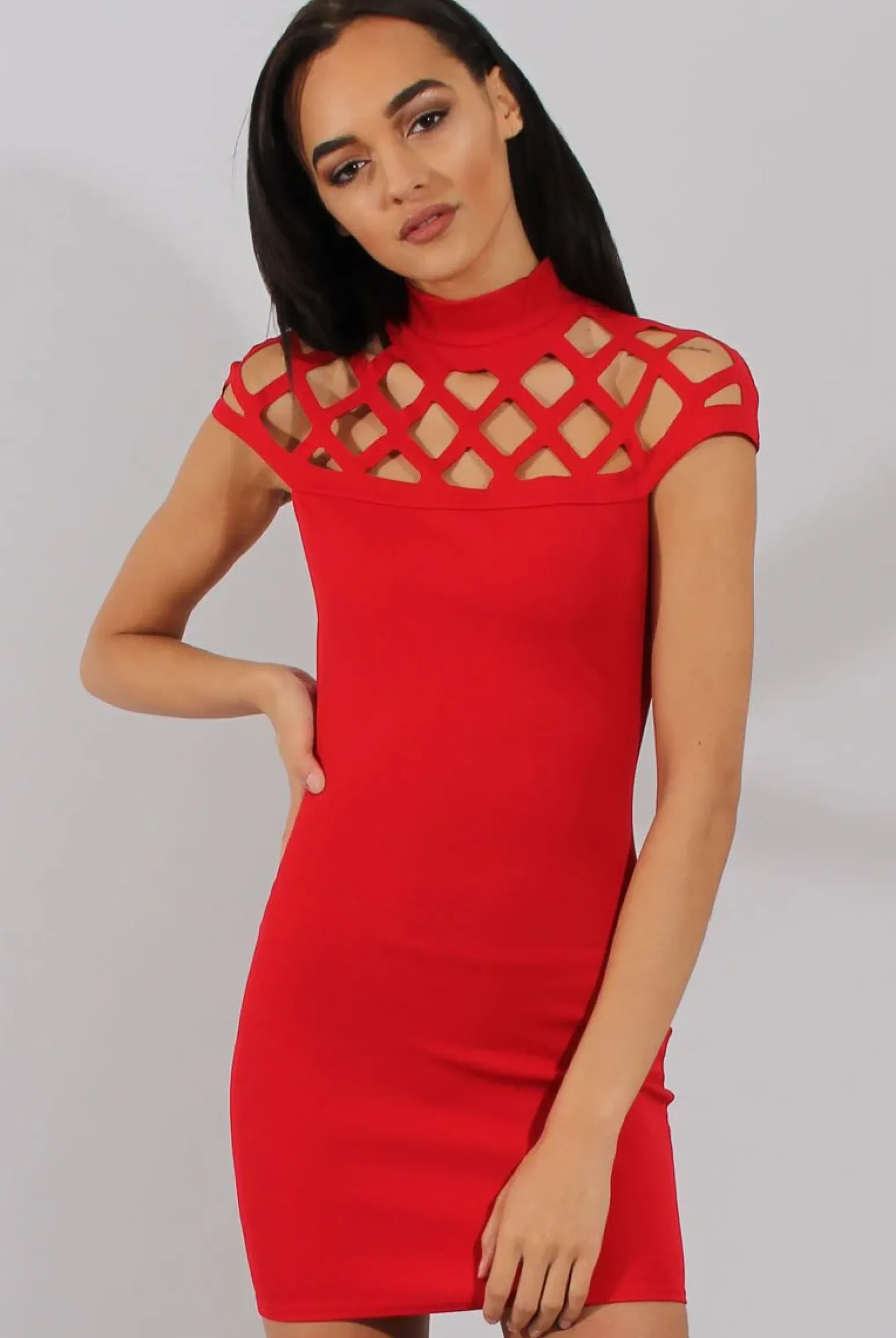 Rebellious Fashion Red Cage High Neck Bodycon Dress- Kade