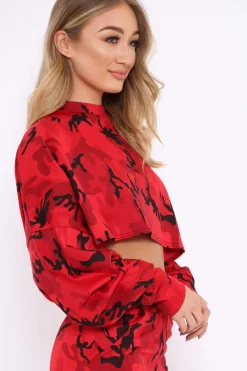 Rebellious Fashion Red Camo Cropped Batwing Jumper - Lizy
